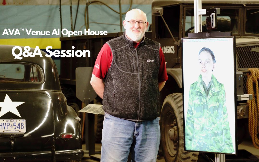 CloudConstable founder & CEO, Michael Pickering, next to AVA™ kiosk at the AVA™ Venue AI Open House at the Ontario Regiment Museum